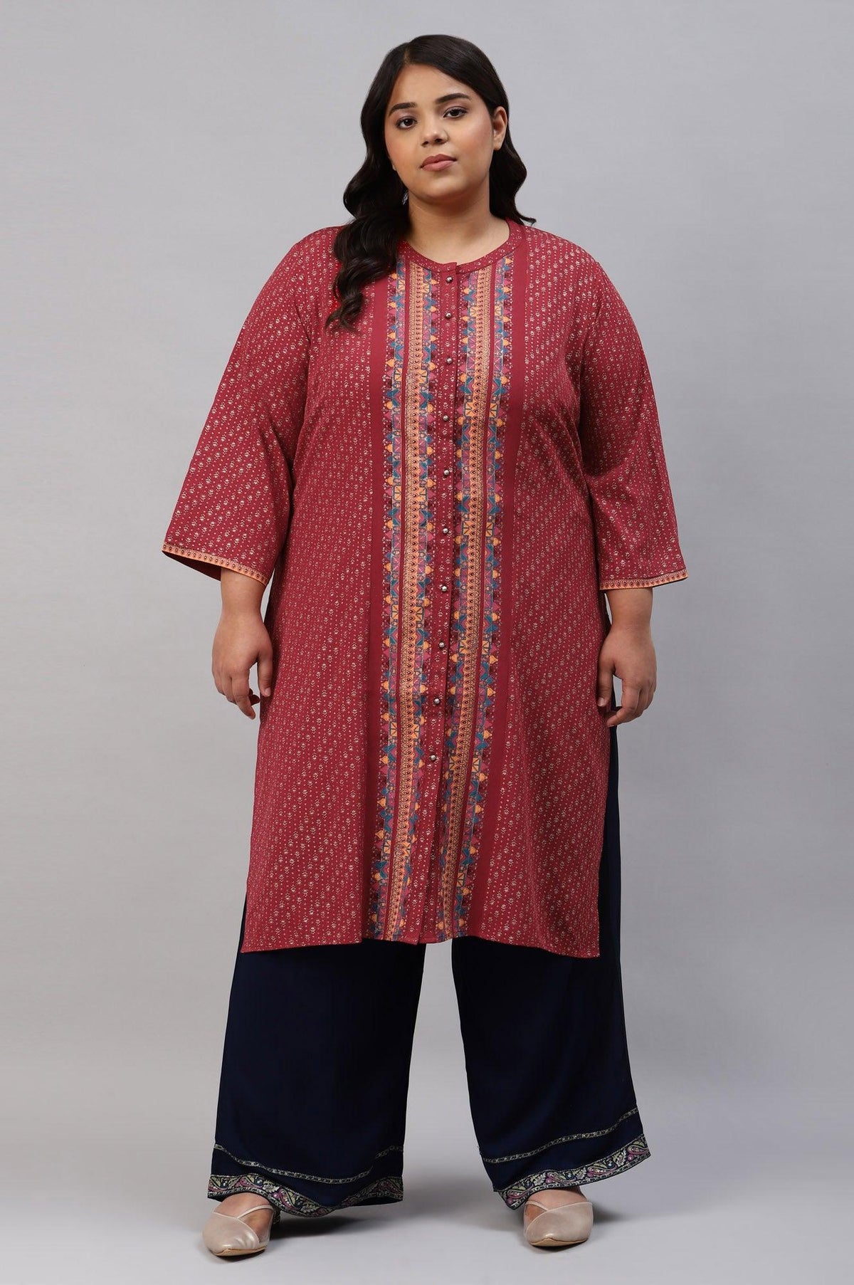 Red Placement Print Festive Plus Size kurta - XS