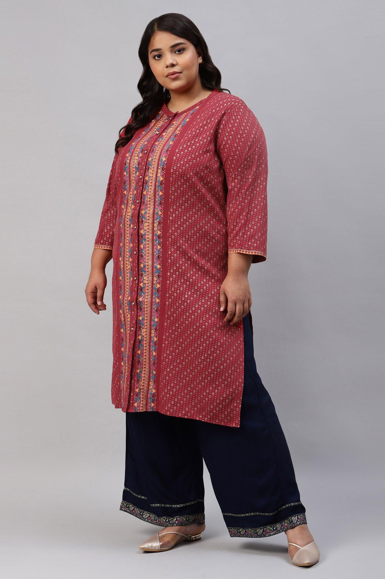 Red Placement Print Festive Plus Size kurta - wforwoman