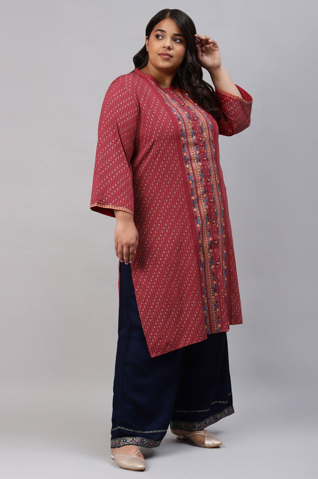 Red Placement Print Festive Plus Size kurta - wforwoman