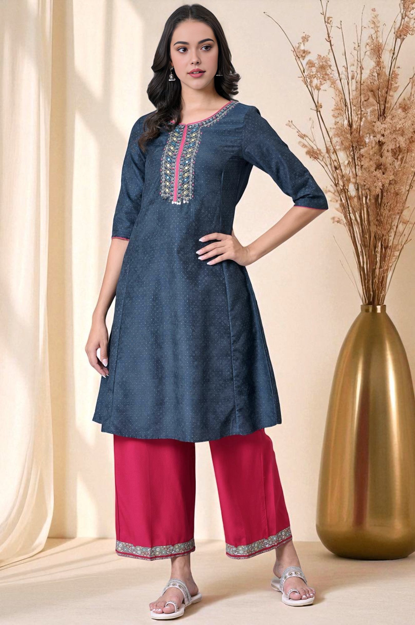 Blue Glitter Printed Embroidered Shantung A-line Kurta