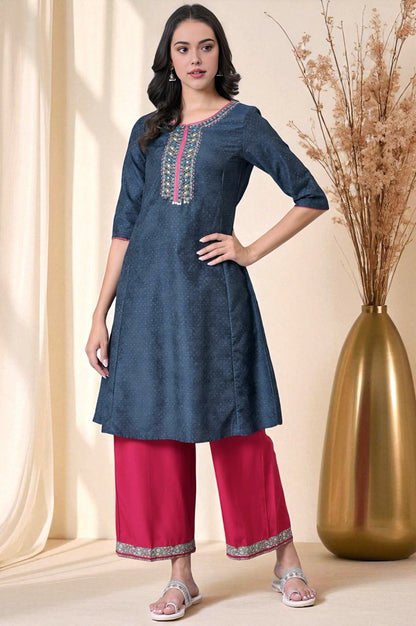 Blue Glitter Printed Embroidered Shantung A-line Kurta