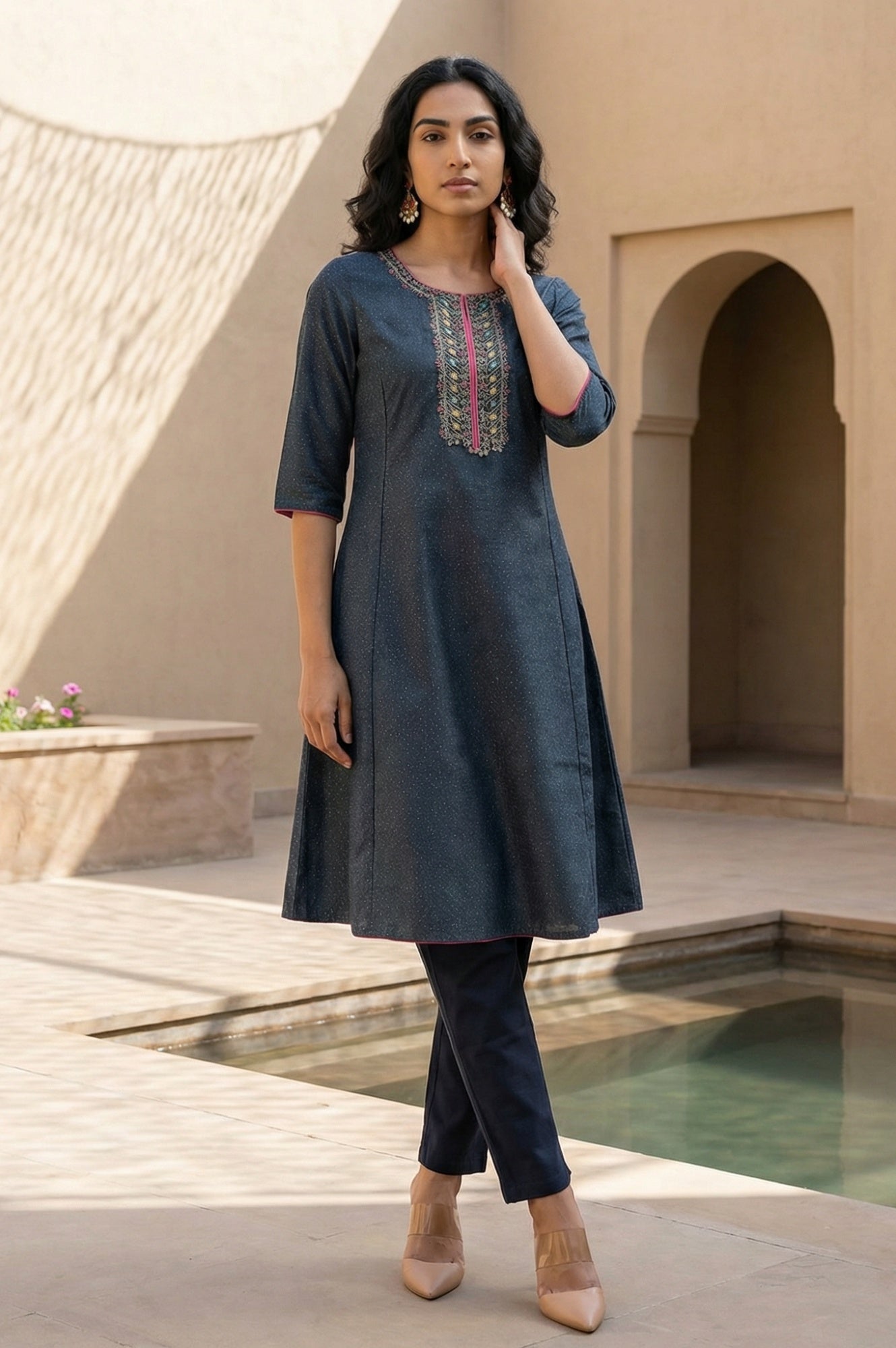 Blue Glitter Printed Embroidered Shantung A-line Kurta