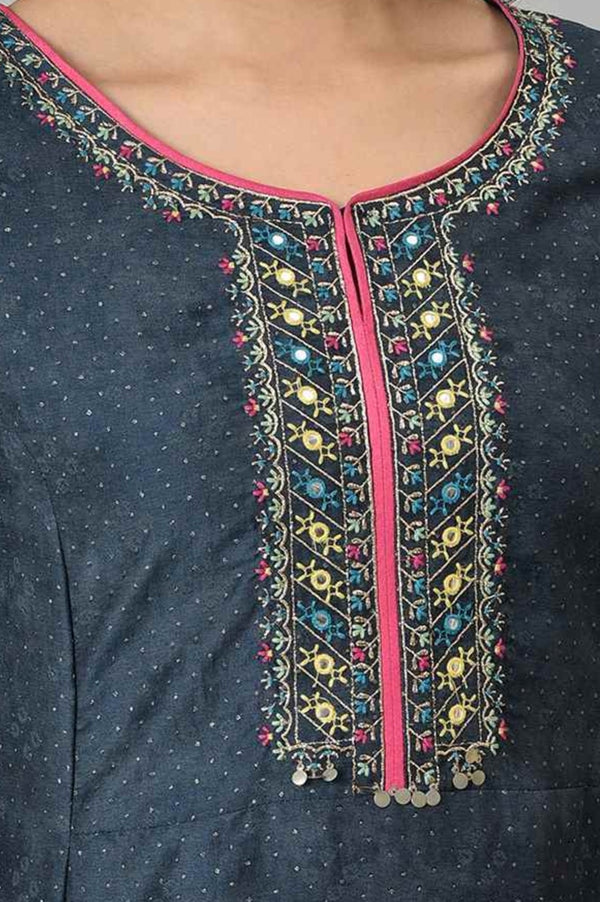 Blue Glitter Printed Embroidered Shantung A-line Kurta