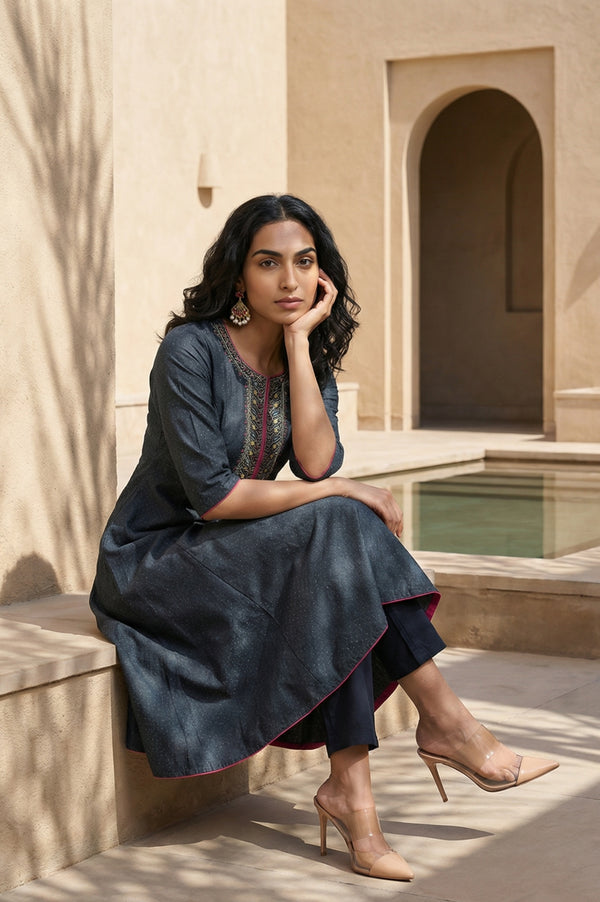 Blue Glitter Printed Embroidered Shantung A-line Kurta