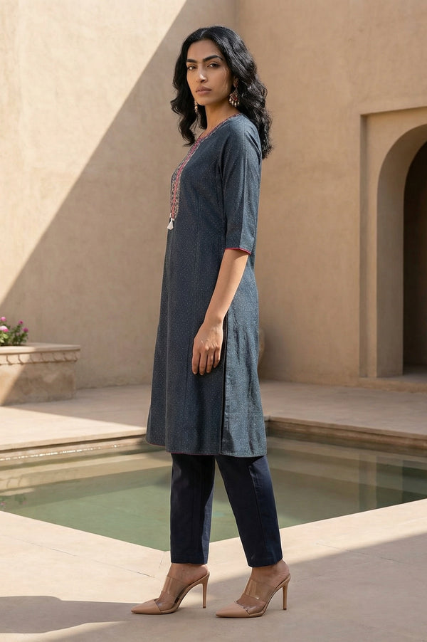 Blue Glitter Printed Embroidered Shantung A-line Kurta