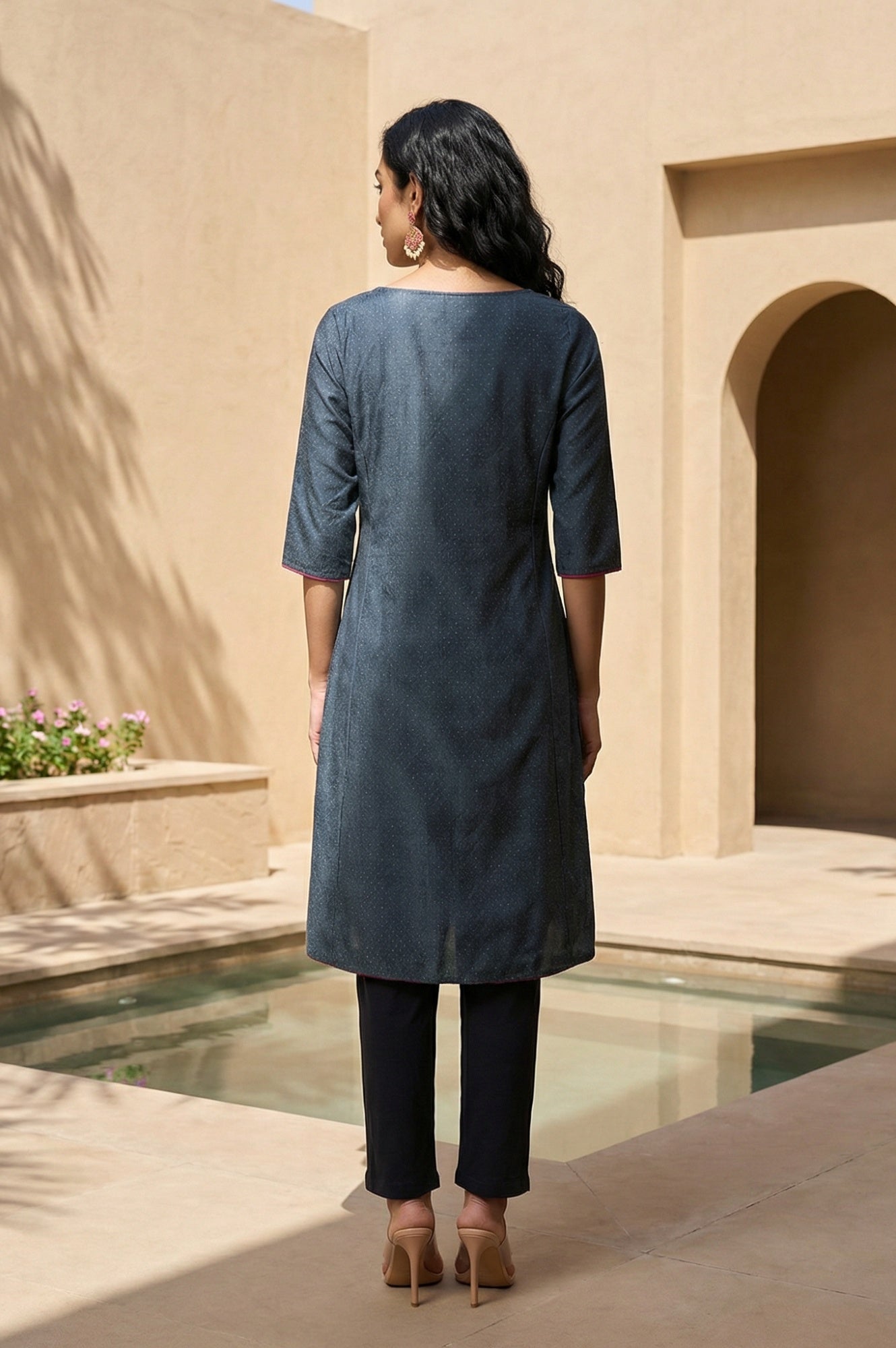 Blue Glitter Printed Embroidered Shantung A-line Kurta