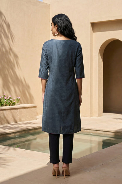 Blue Glitter Printed Embroidered Shantung A-line Kurta