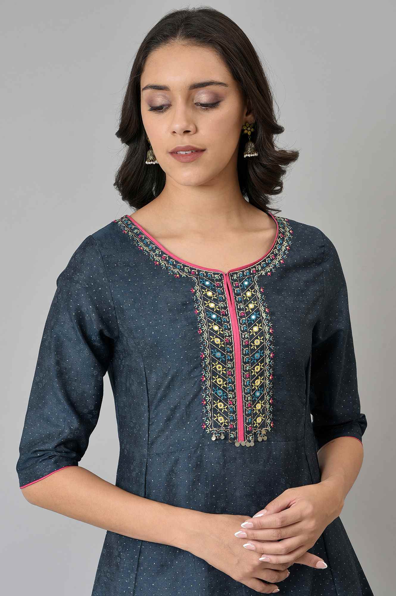 Dark Blue Polka Dots Printed Shantung A-Line Kurta with Parallel Pant Set