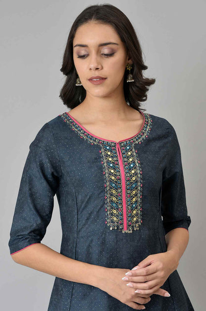 Dark Blue Polka Dots Printed Shantung A-Line Kurta with Parallel Pant Set