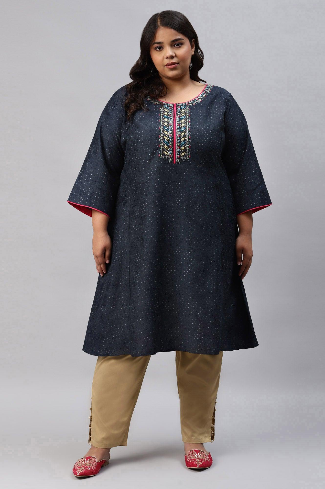 Royal Blue Glitter Printed And Embroidered Plus Size kurta - wforwoman