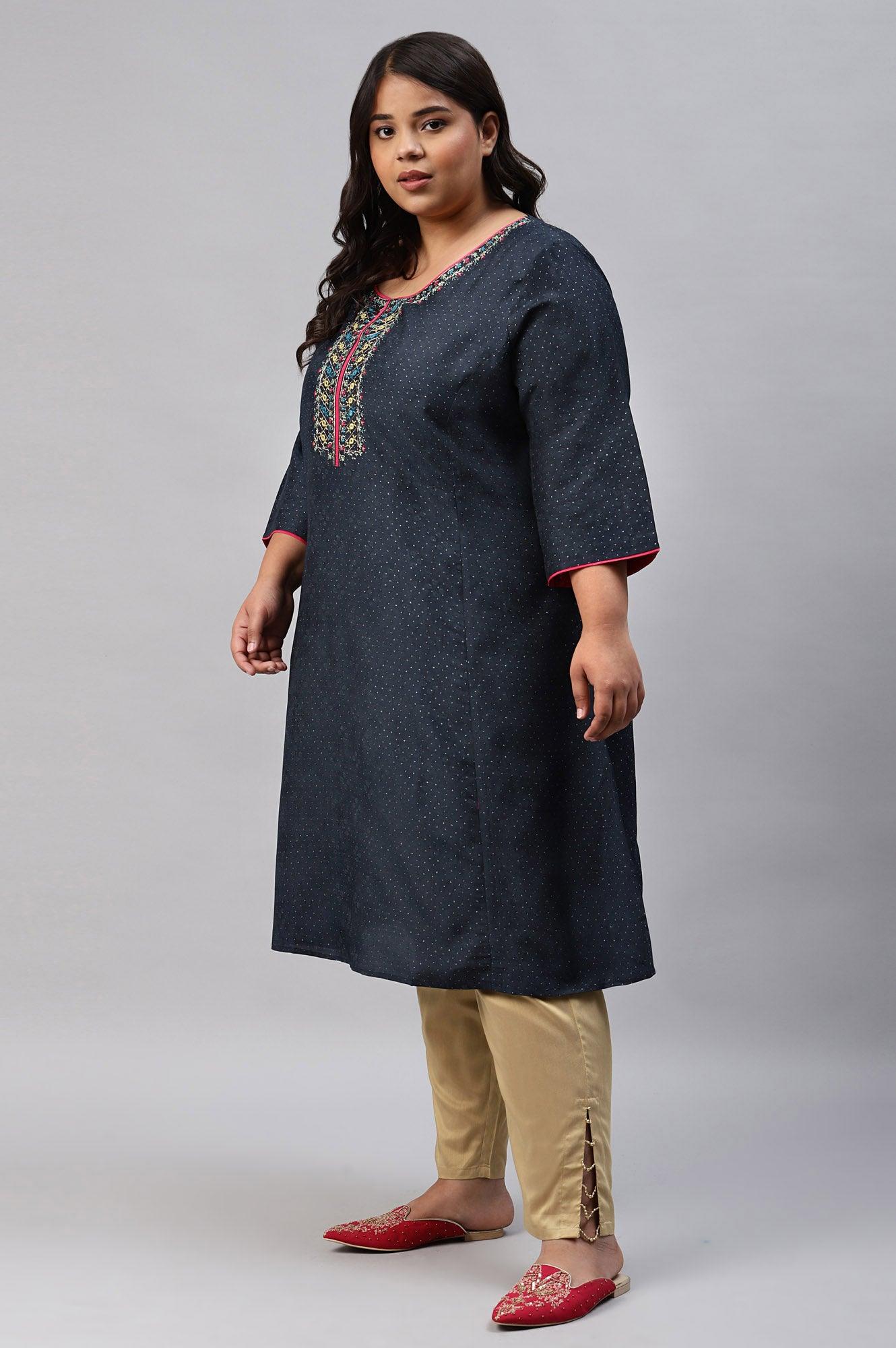 Royal Blue Glitter Printed And Embroidered Plus Size kurta - wforwoman