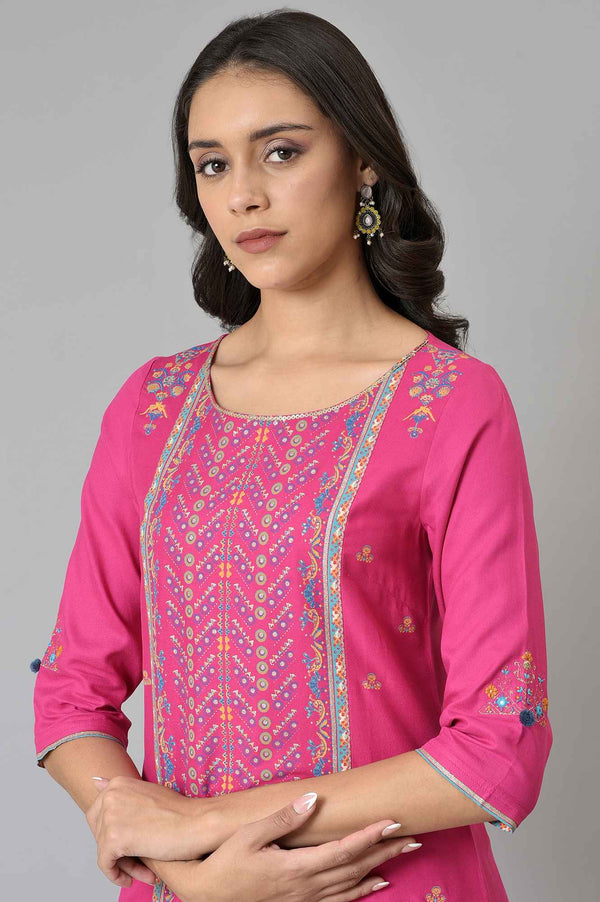 Pink Floral Printed Rayon Straight Kurta with Slim Pant Set