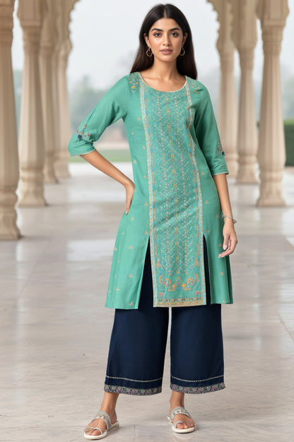 Green Placement Print Festive kurta