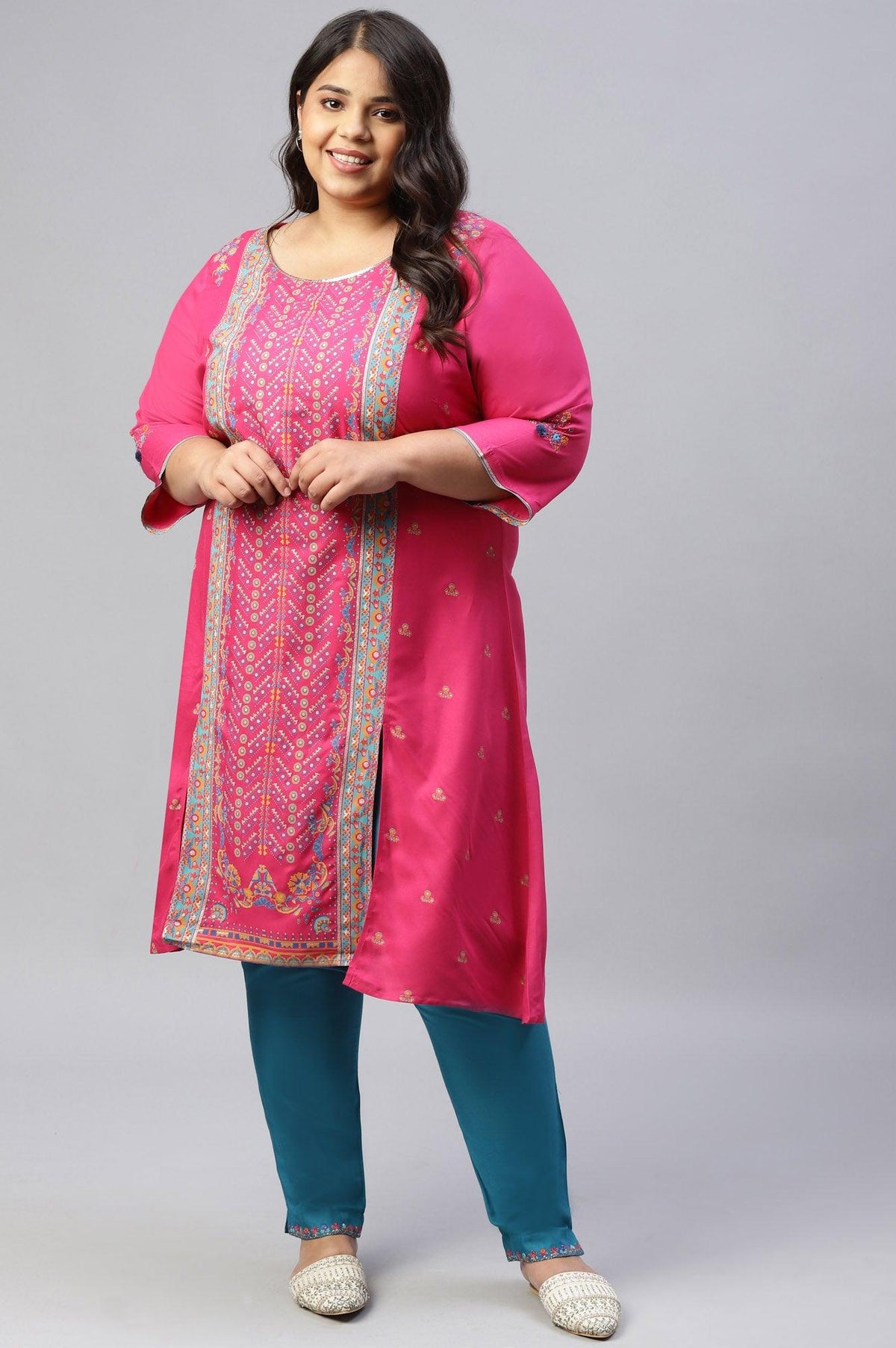 Pink Placement Printed Festive Plus Size kurta - 20