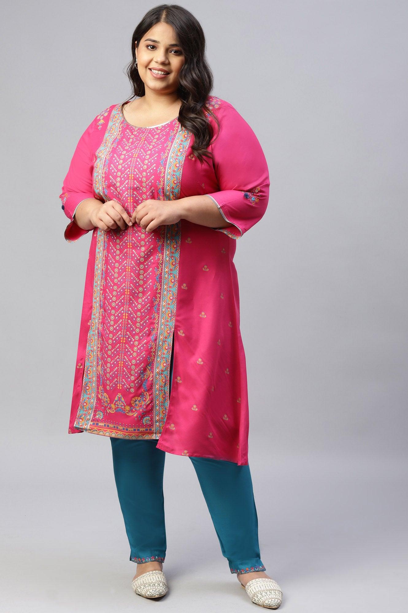 Pink Placement Printed Festive Plus Size kurta - wforwoman