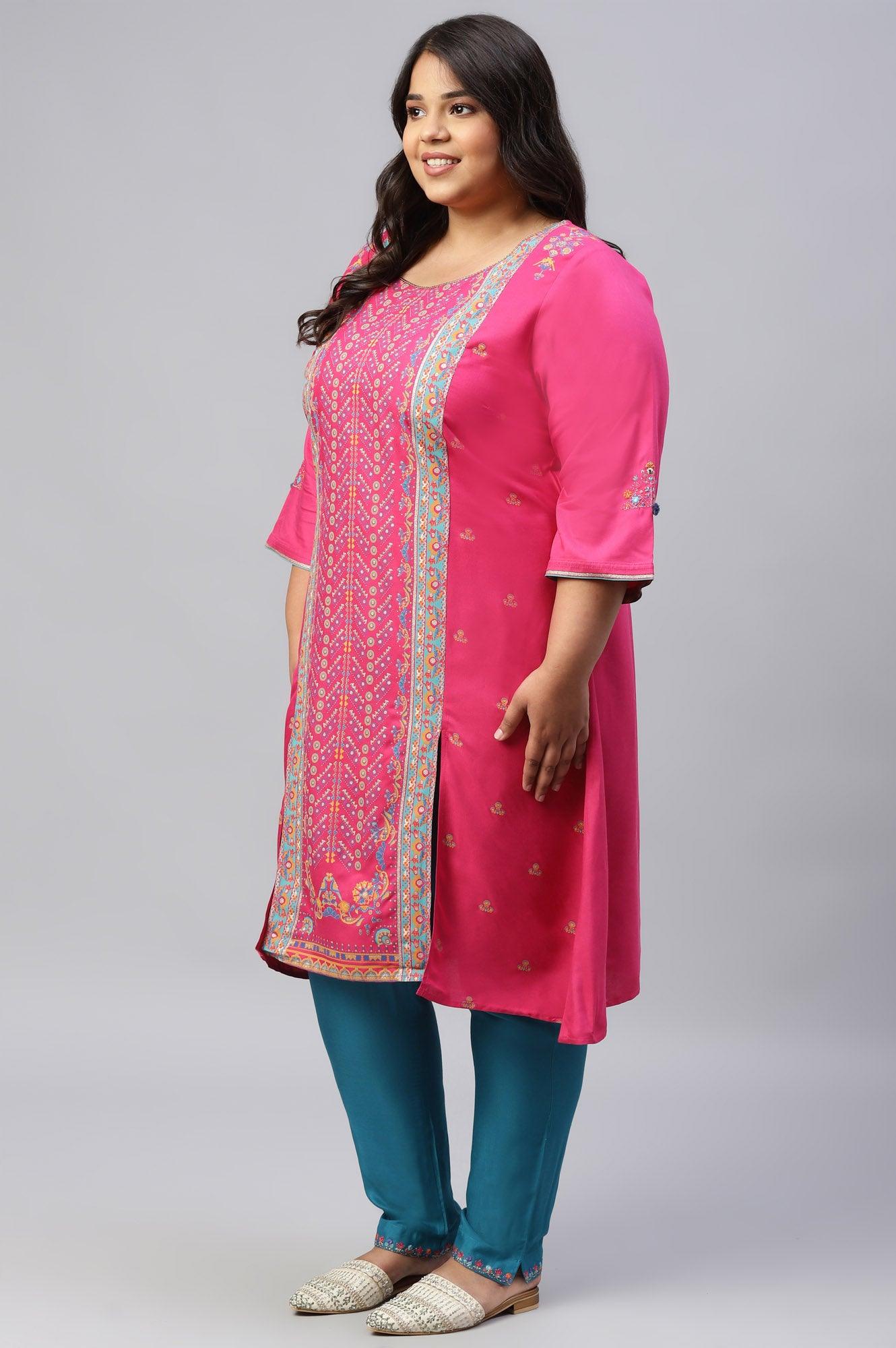 Pink Placement Printed Festive Plus Size kurta - wforwoman