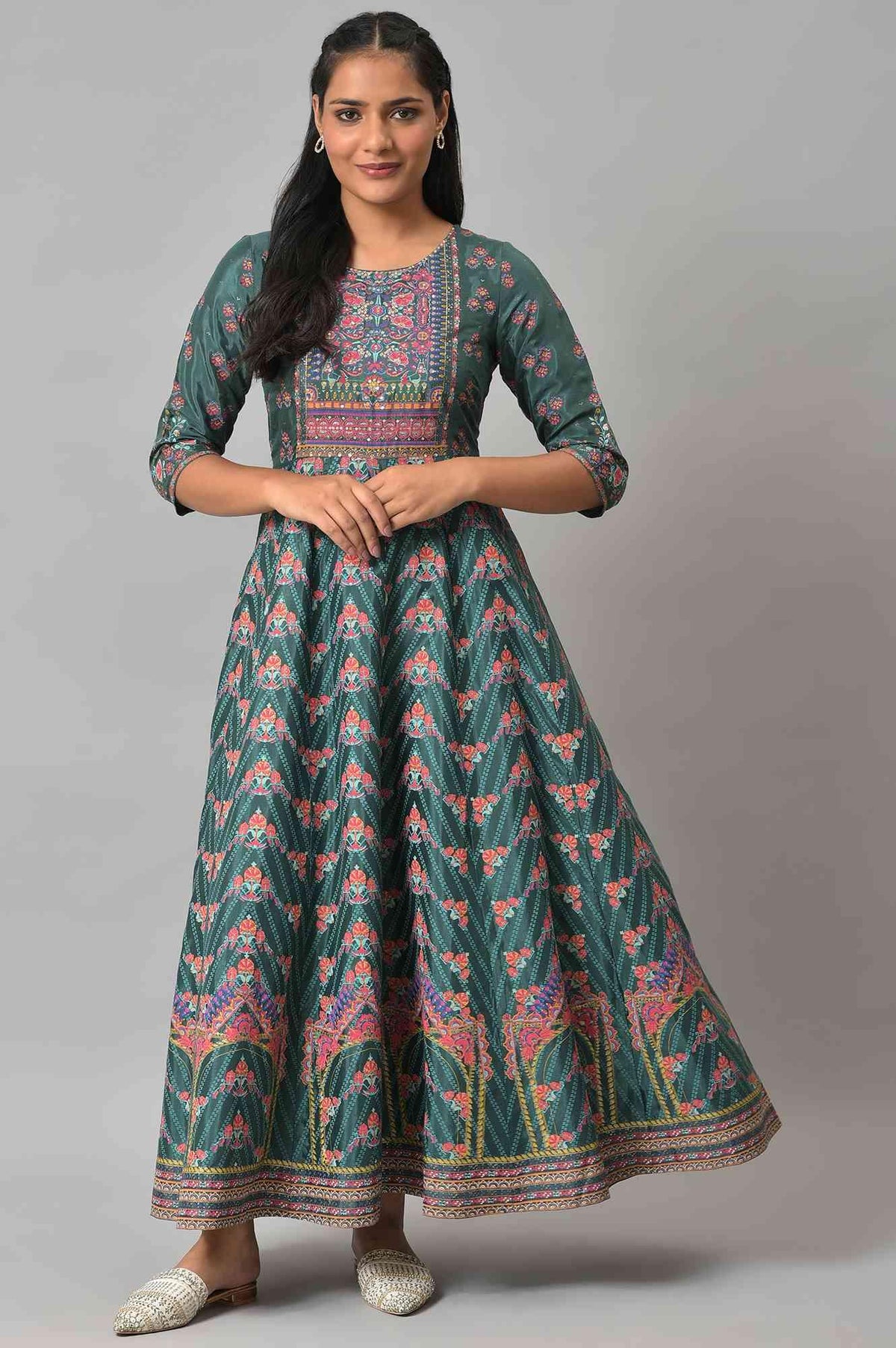 Green Panelled Festive Printed Dress - XS