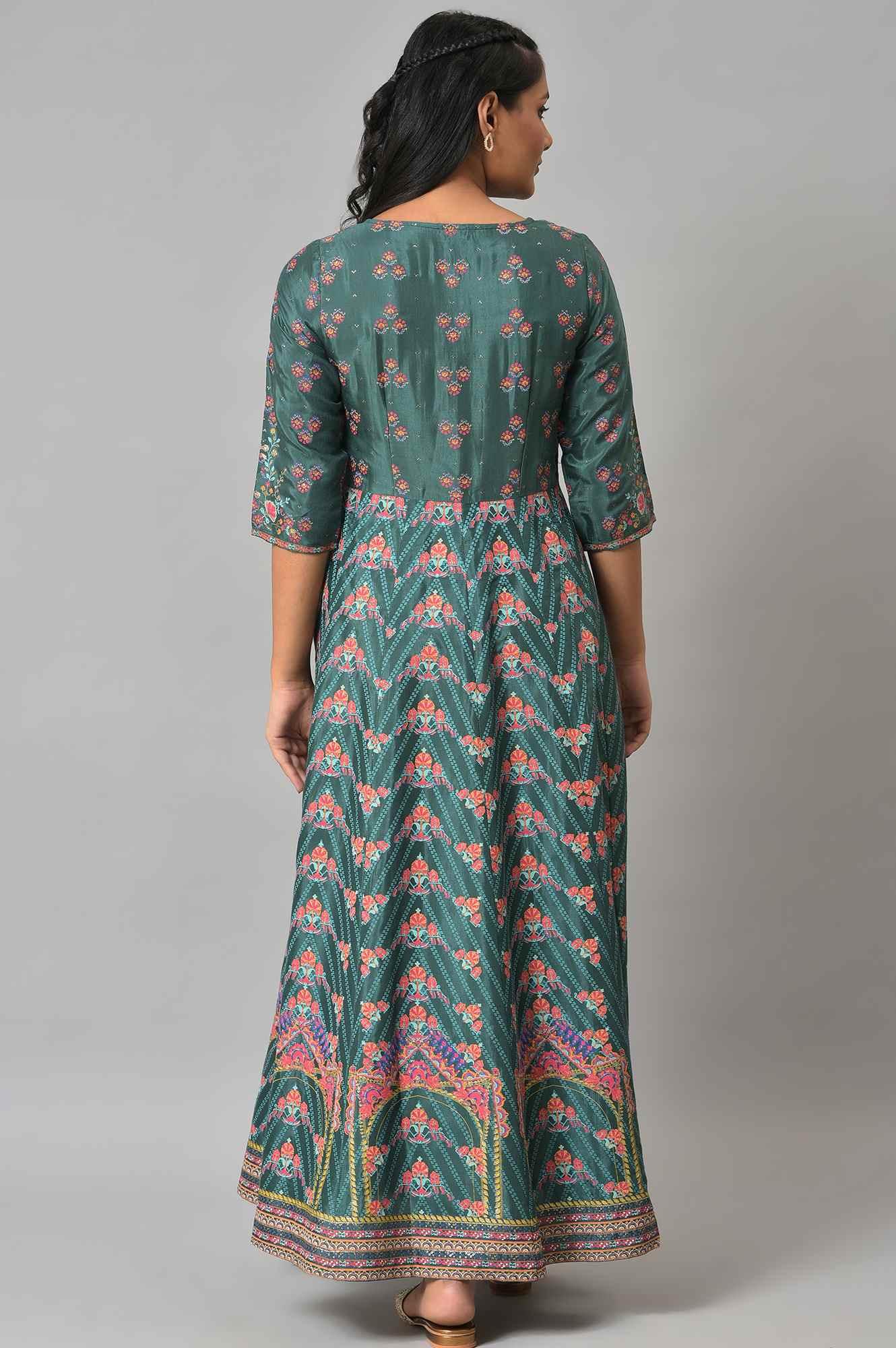Green Panelled Festive Printed Dress - wforwoman