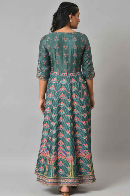 Green Panelled Festive Printed Dress - wforwoman