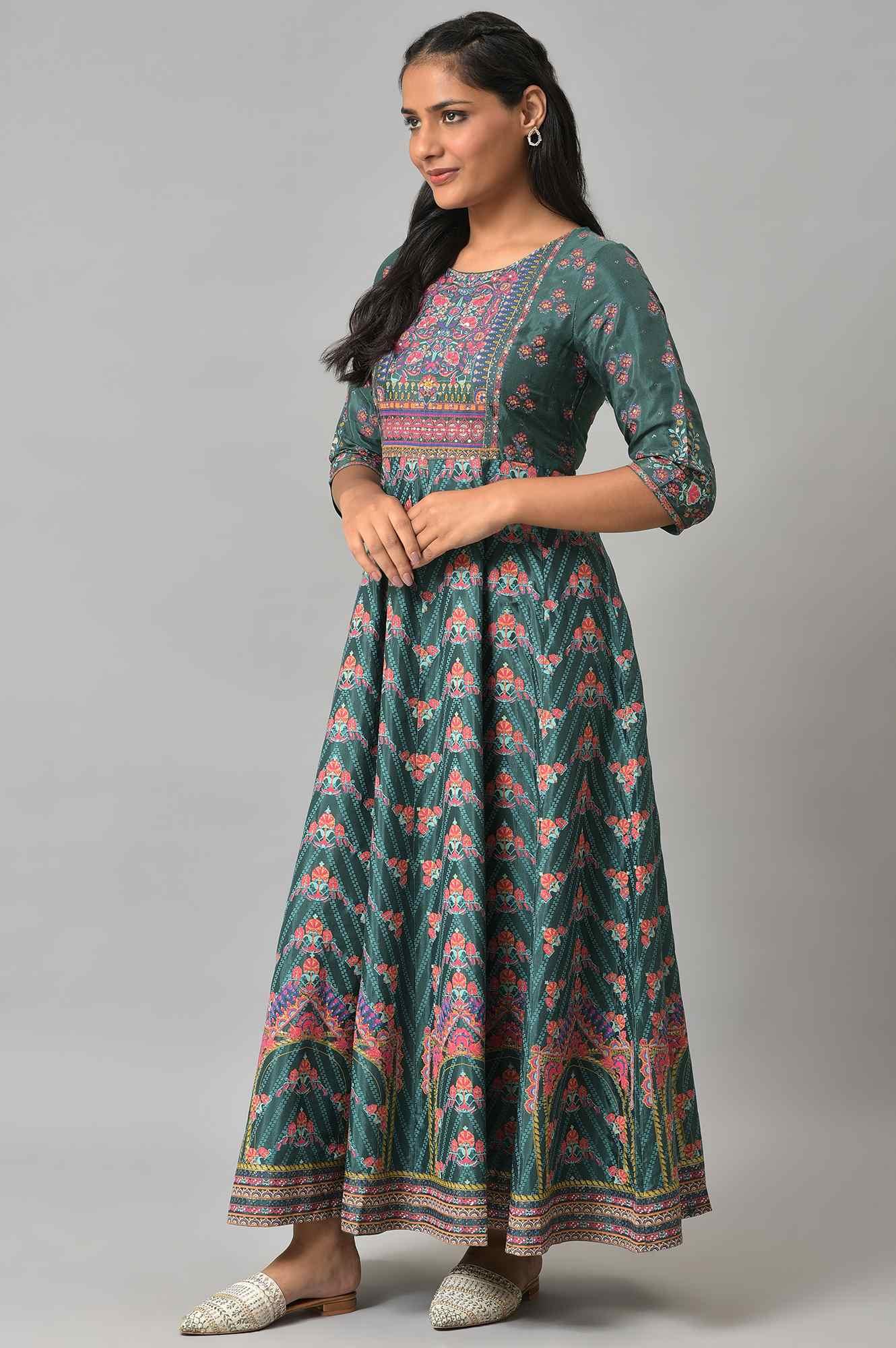 Green Panelled Festive Printed Dress - wforwoman