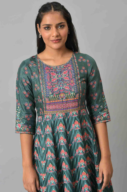 Green Panelled Festive Printed Dress - wforwoman