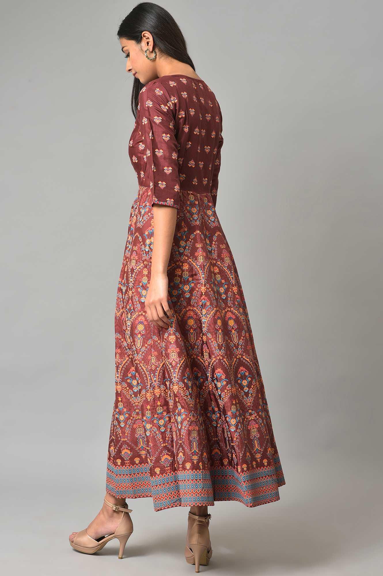 Brown Printed And Embroidered Panelled Festive Plus Size Dress - wforwoman