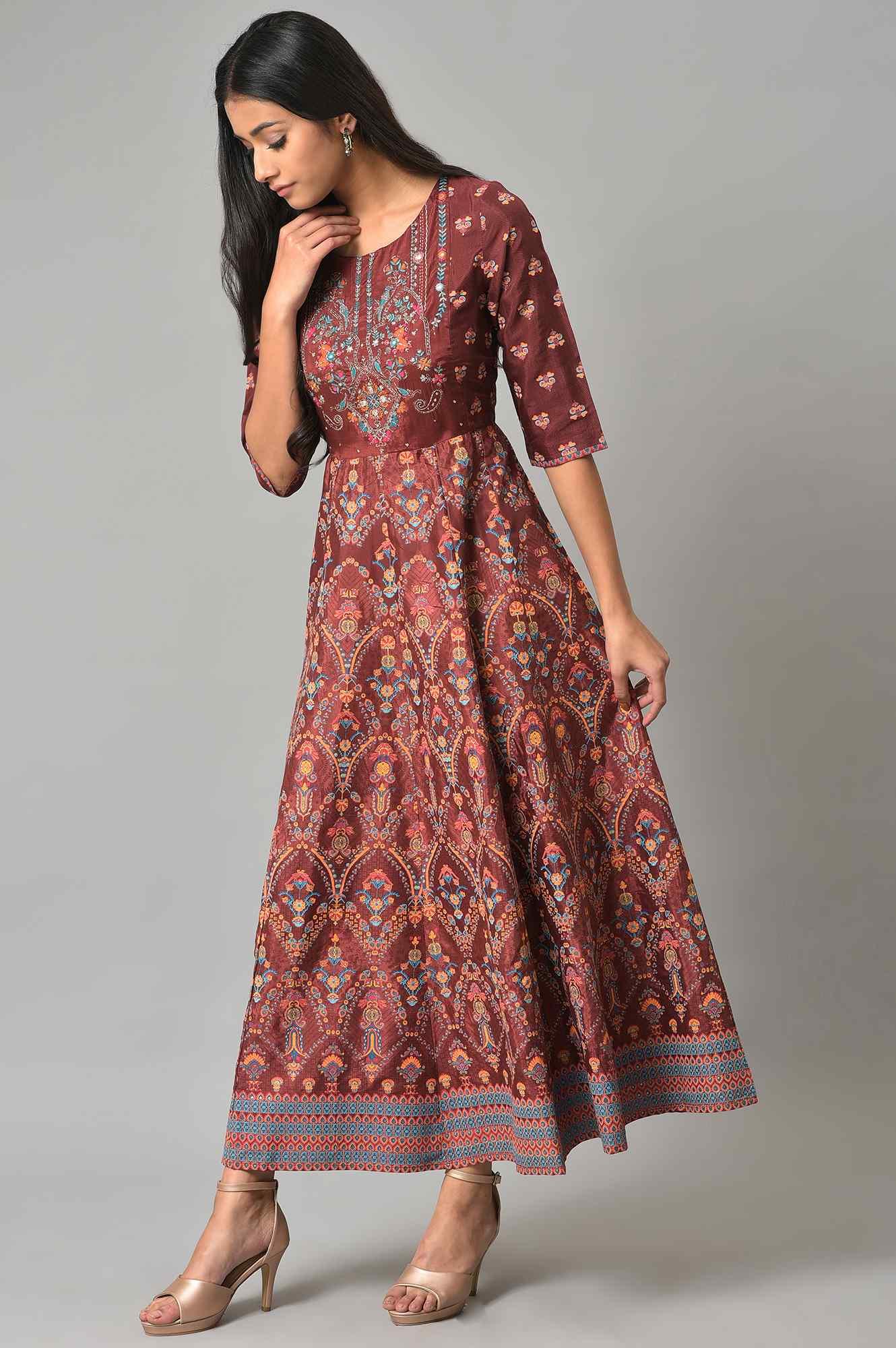 Brown Printed And Embroidered Panelled Festive Plus Size Dress - wforwoman