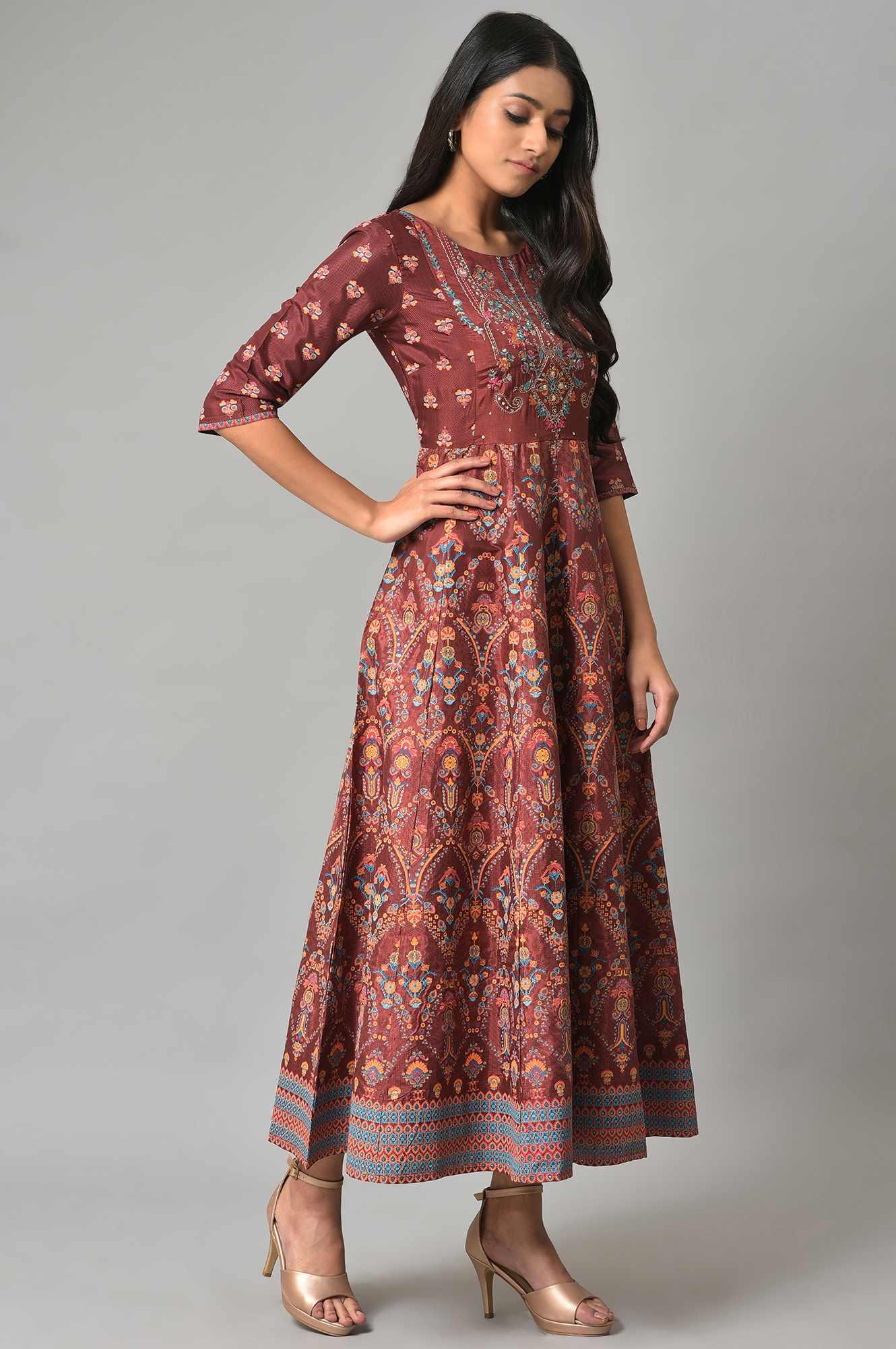 Brown Printed And Embroidered Panelled Festive Plus Size Dress - wforwoman