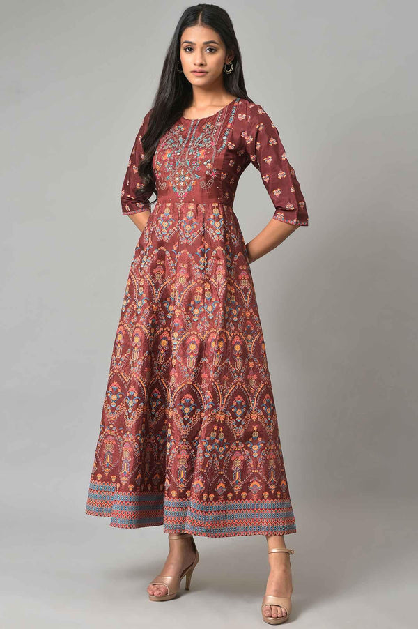 Brown Printed And Embroidered Panelled Festive Dress