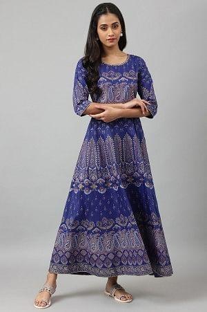 Indigo Paisley Print Flared Festive Dress - XS