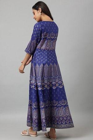Indigo Paisley Print Flared Festive Dress - wforwoman