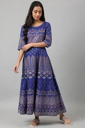 Indigo Paisley Print Flared Festive Dress - wforwoman