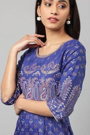 Indigo Paisley Print Flared Festive Dress - wforwoman