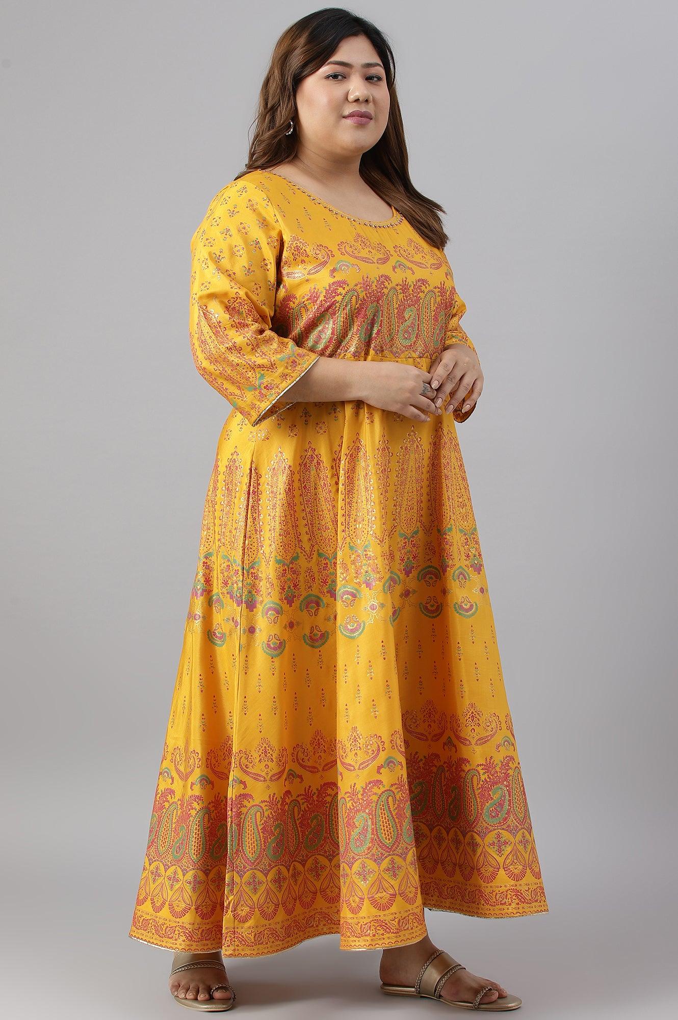 Plus Size Murtard Indie Dress With Embellished Neckline - wforwoman