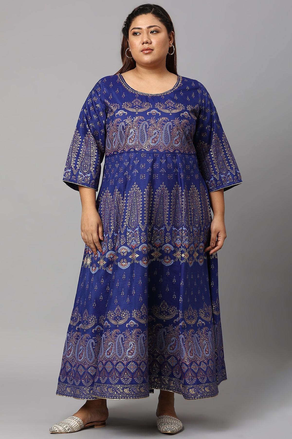 Plus Size Indigo Paisley Print Flared Festive Dress - 20