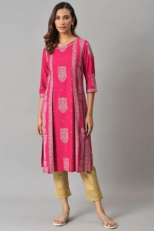 Dark Pink Mock Layered Beadwork kurta with Golden Slim Pants - 6