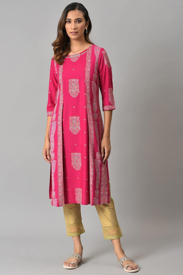 Dark Pink Mock Layered Beadwork Straight Kurta