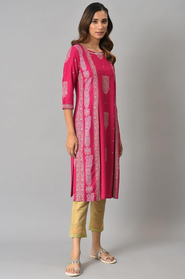 Dark Pink Mock Layered Beadwork Straight Kurta