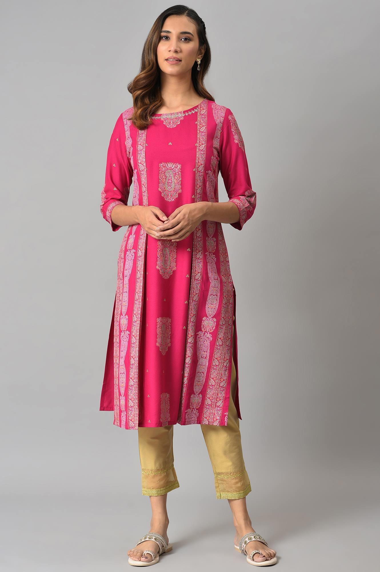 Dark Pink Mock Layered Beadwork kurta - wforwoman