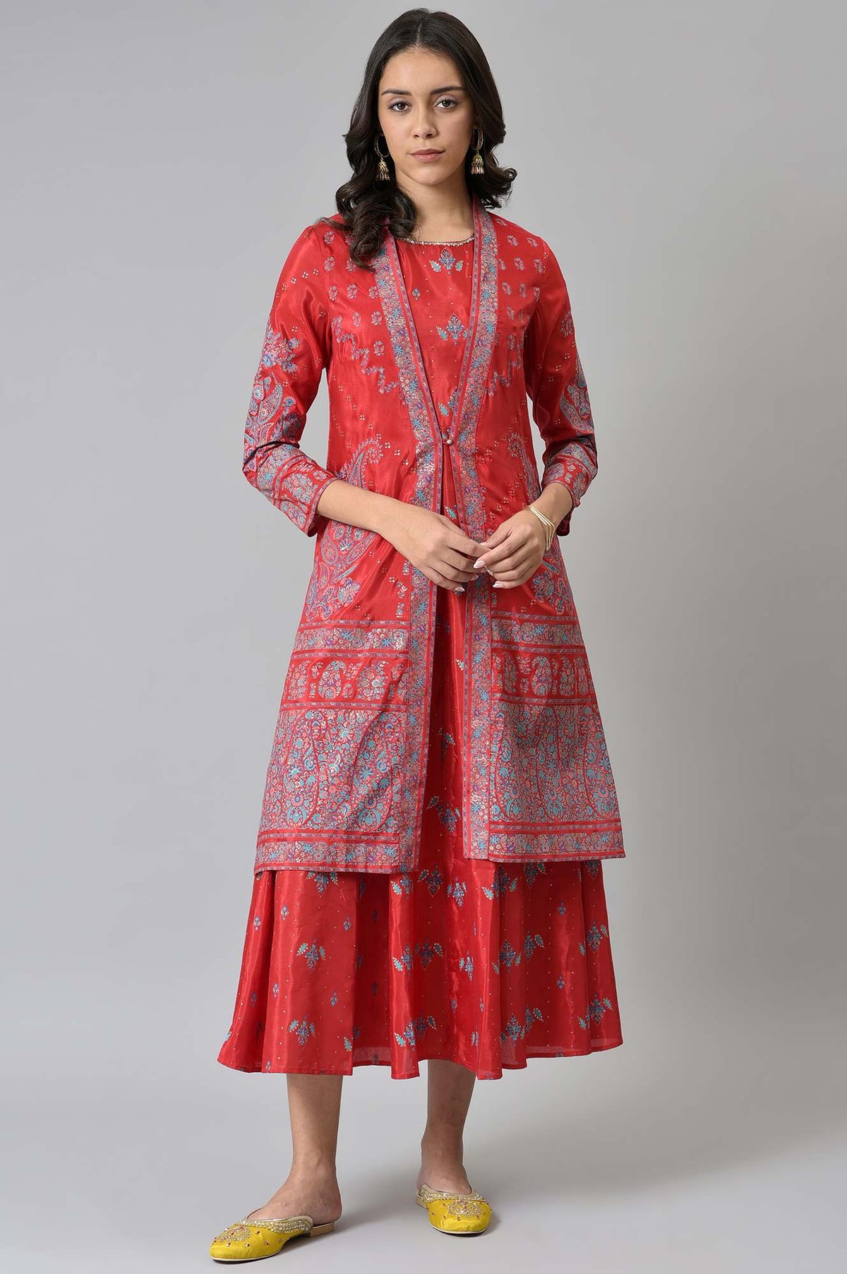 Red Glitter Printed Duo Dress Set - XS
