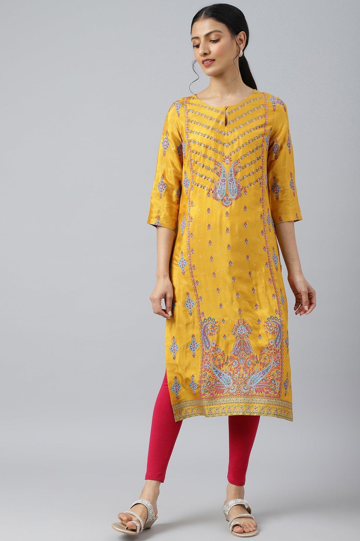 Mustard Glitter Printed Shantung kurta - S