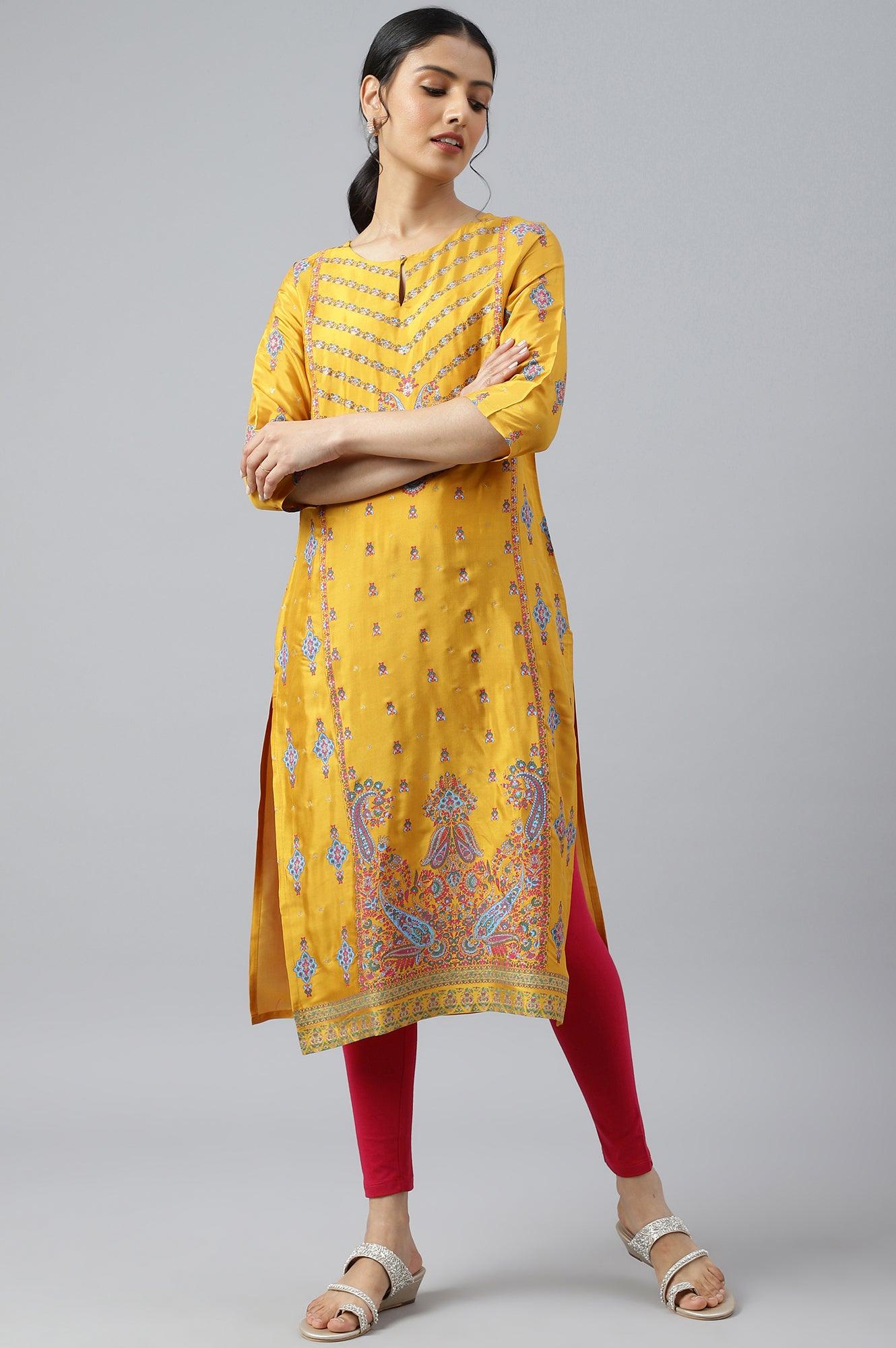 Mustard Glitter Printed Shantung kurta - wforwoman