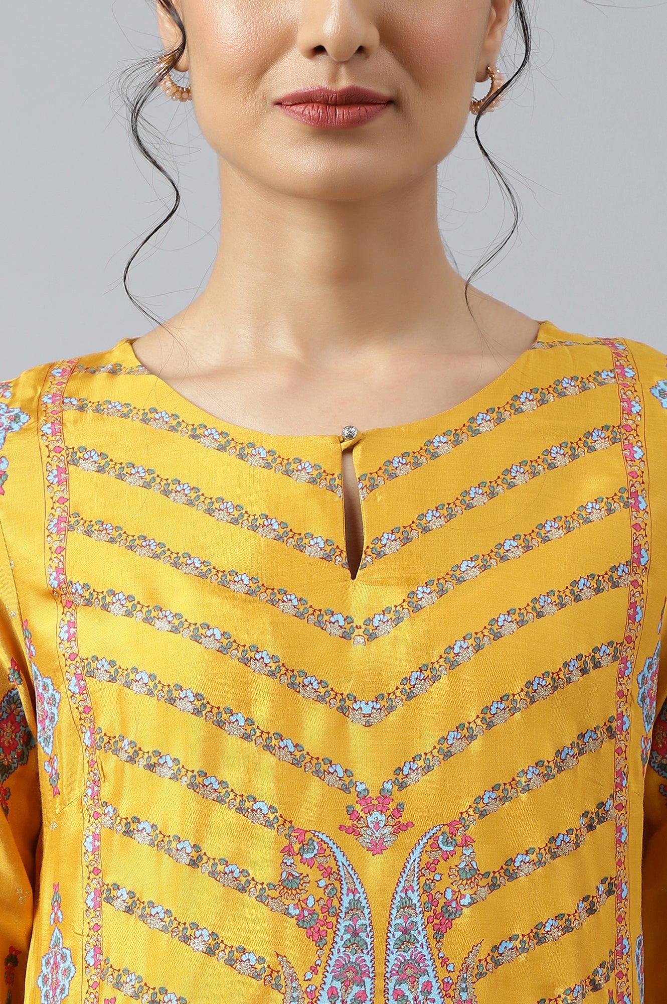 Mustard Glitter Printed Shantung kurta - wforwoman