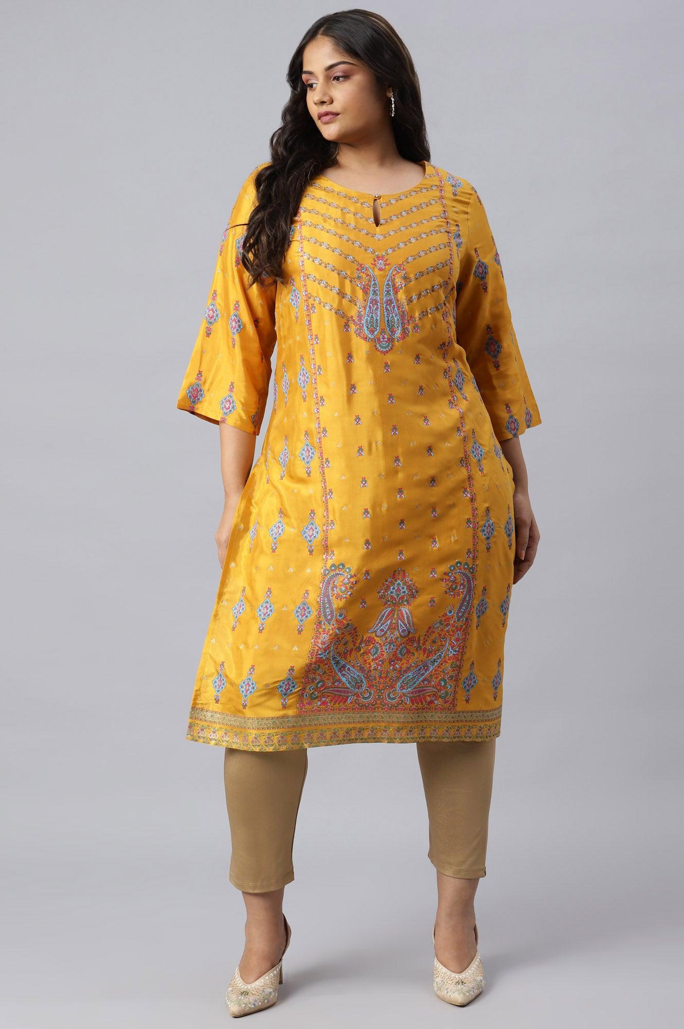 Plus Size Mustard Glitter Printed Shantung kurta - wforwoman