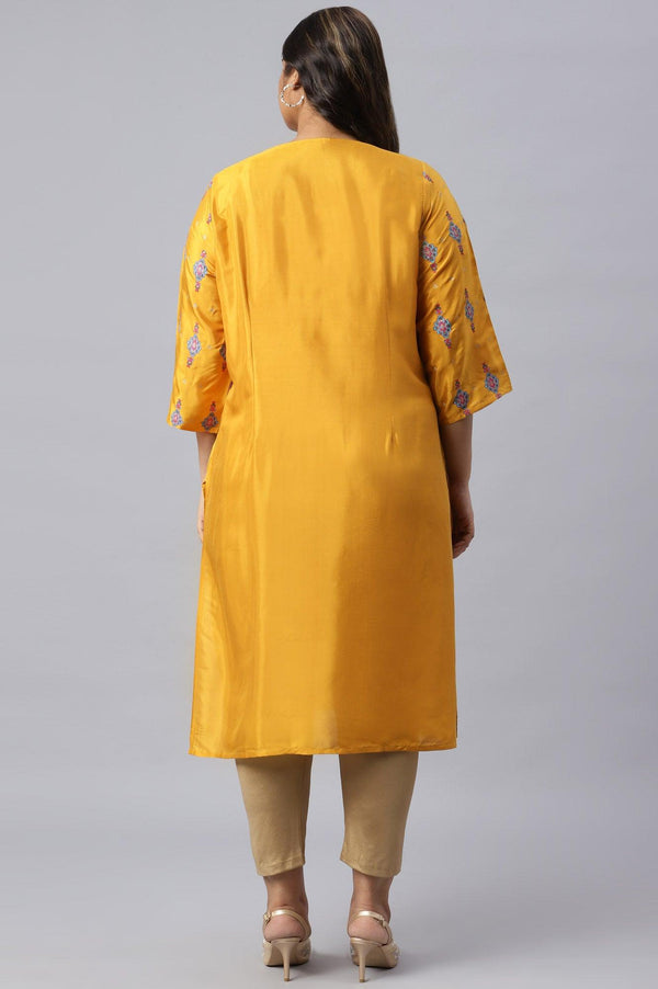 Plus Size Mustard Glitter Printed Shantung kurta
