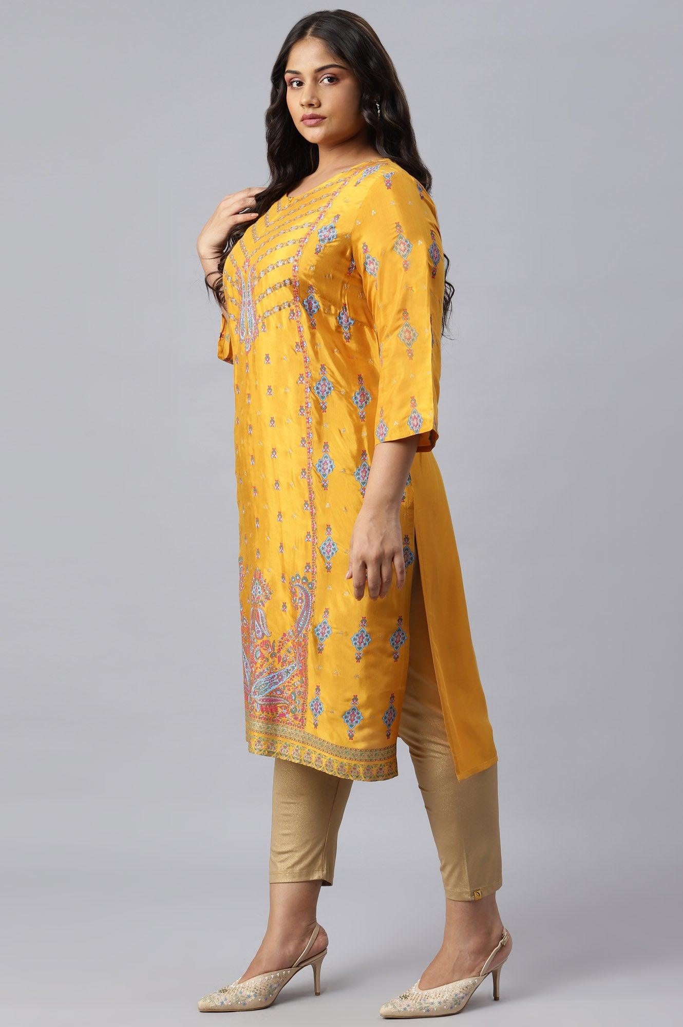 Plus Size Mustard Glitter Printed Shantung kurta - wforwoman