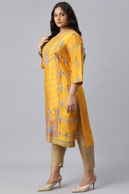 Plus Size Mustard Glitter Printed Shantung kurta - wforwoman