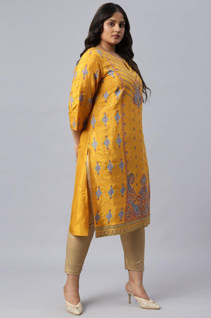 Plus Size Mustard Glitter Printed Shantung kurta - wforwoman