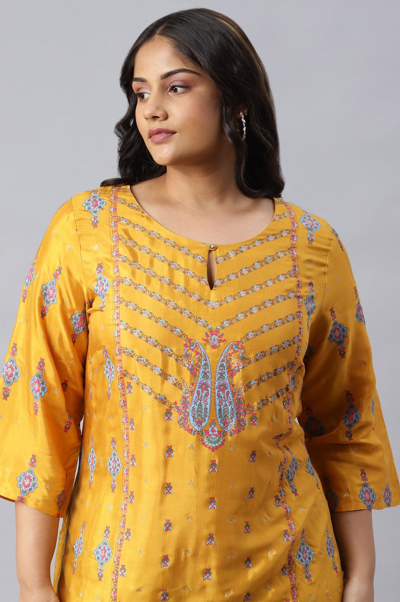 Plus Size Mustard Glitter Printed Shantung kurta - wforwoman