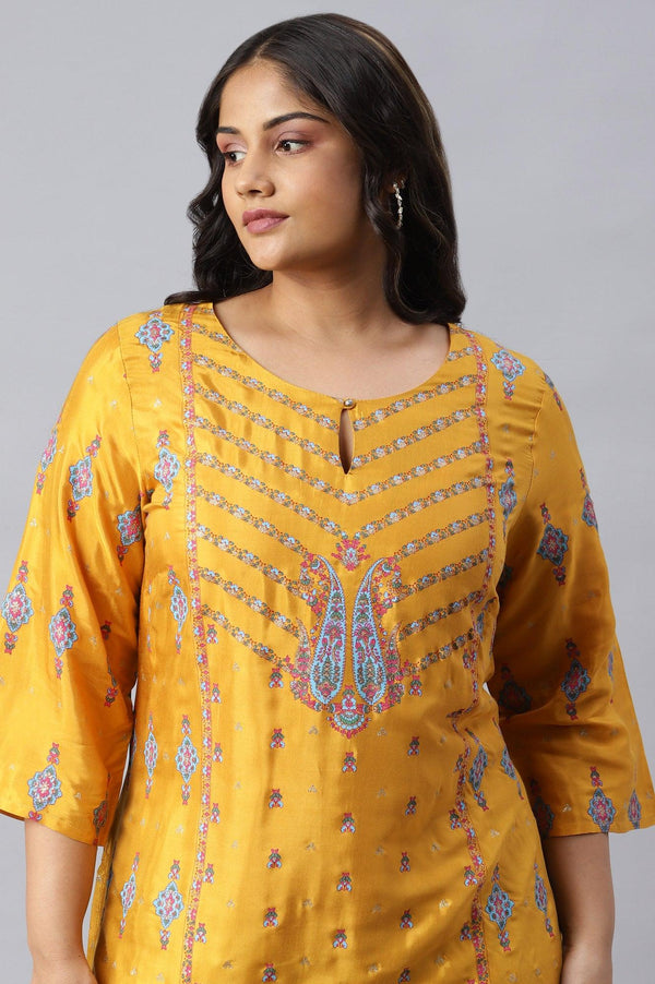 Plus Size Mustard Glitter Printed Shantung kurta